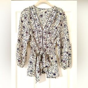Max Studio Blue, White and Maroon Floral V-Neck Cinched Waist Blouse